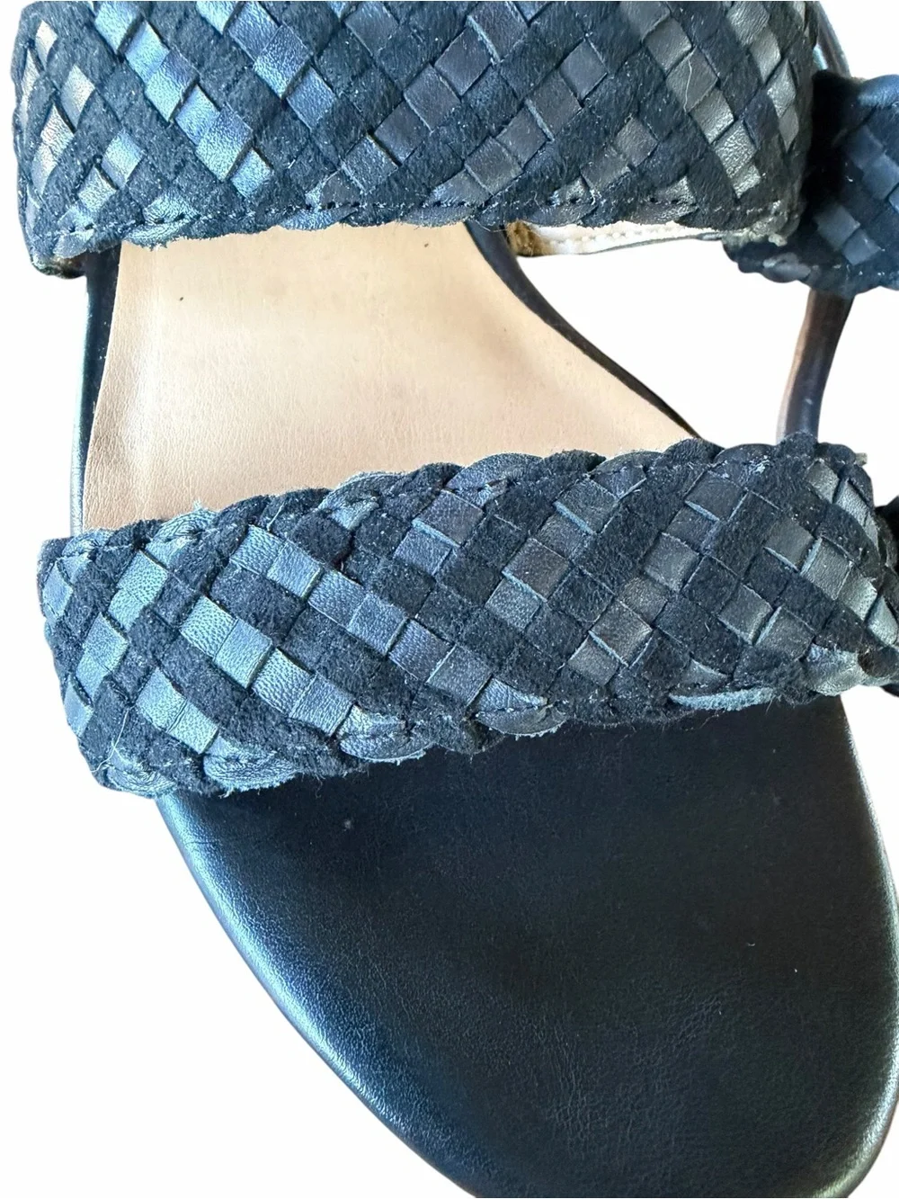 Franco Sarto Black Tate Woven Leather and Fabric Block Heel Sandals Sz 7
